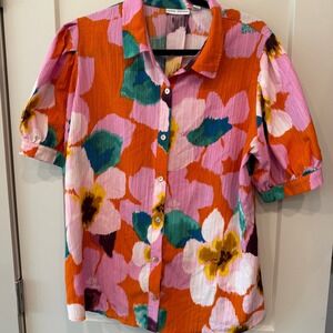 Susan Graver Floral Puff Sleeve Button‎ Front Top XL Plus Orange Pink Teal